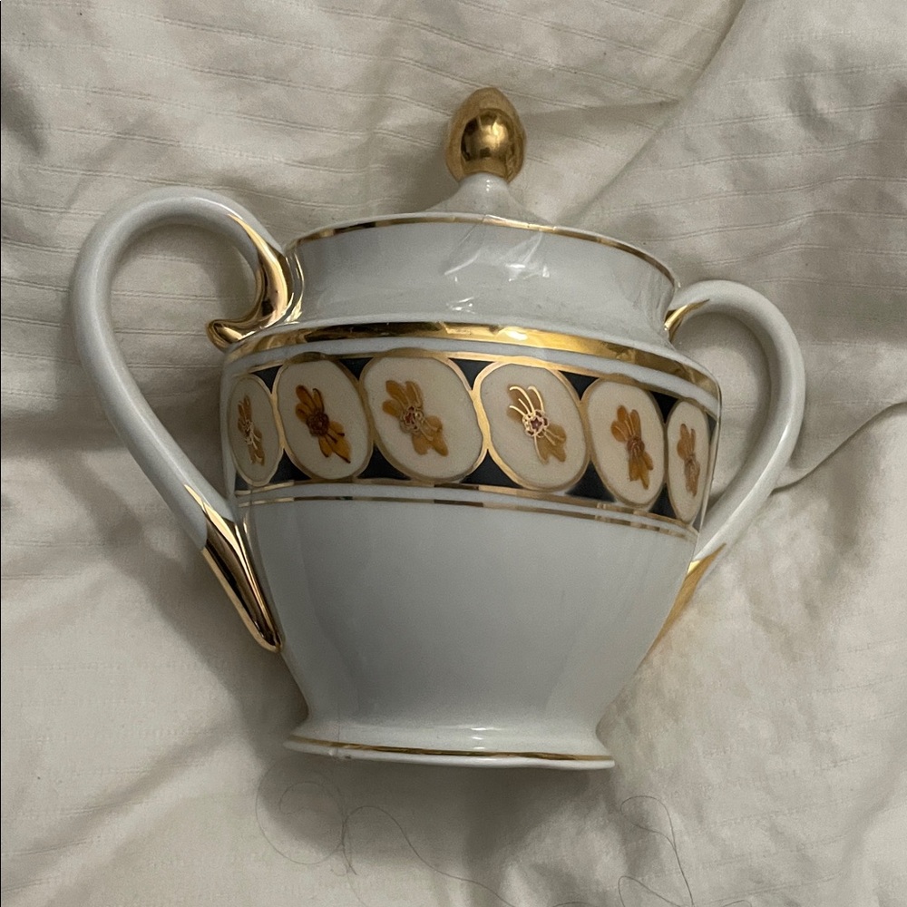 Elegant White and Gold Floral Sugar Bowl Rare Vintage
